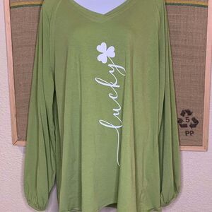 YMING St. Patrick's Day Women's Plus Size 2XL Lucky Shamrock V-Neck Long Sleeve